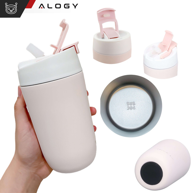 Thermos mug with a spout and a straw for coffee, yerba mate tea, 480ml, Alogy vacuum bottle, Steel, Pink, Washing brush