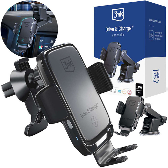 Uchwyt samochodowy na telefon 3mk Drive&Charge z ładowarką indukcyjną na szybę kokpit
