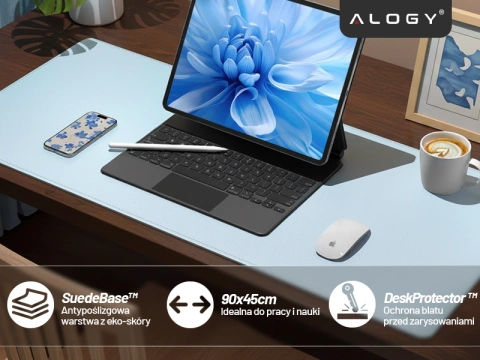 Podložka pod stôl 90×45 cm – protišmyková ochranná podložka z elegantnej PU ekokože, na myš a klávesnicu, štýlová a odolná – Alogy WorkMat™ modrá