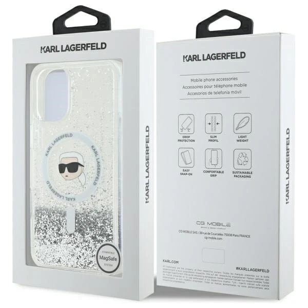 Etui Karl Lagerfeld für iPhone 16 6.1" Magsafe Hardcase Transparent Liquid Glitter Karl Head