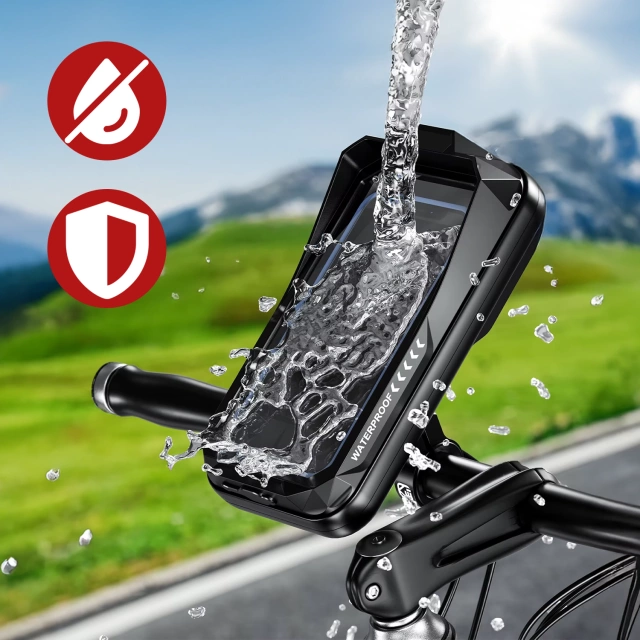 Motorcycle Bike Phone Holder Bag for Phones up to 7" Waterproof IP66 with Touchscreen, with Cable Port, for Motorcycles, Bikes, Scooters, Kewigs - Black