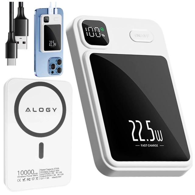 PowerBank Alogy MagCharge 22,5 W PD20W PowerDelivery Schnellladung 10000 mAh kabellos für MagSafe White