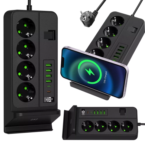 Alogy Plug Extender розетка розгалужувач розгалужувач адаптер подовжувач з індуктивним зарядним пристроєм Qi 4x EU штекер 4x USB 2x USB-C чорний