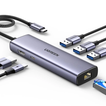 HUB 6in1 Ugreen CM512 USB-C HDMI RJ45 3xUSB-A PD 100W Gray