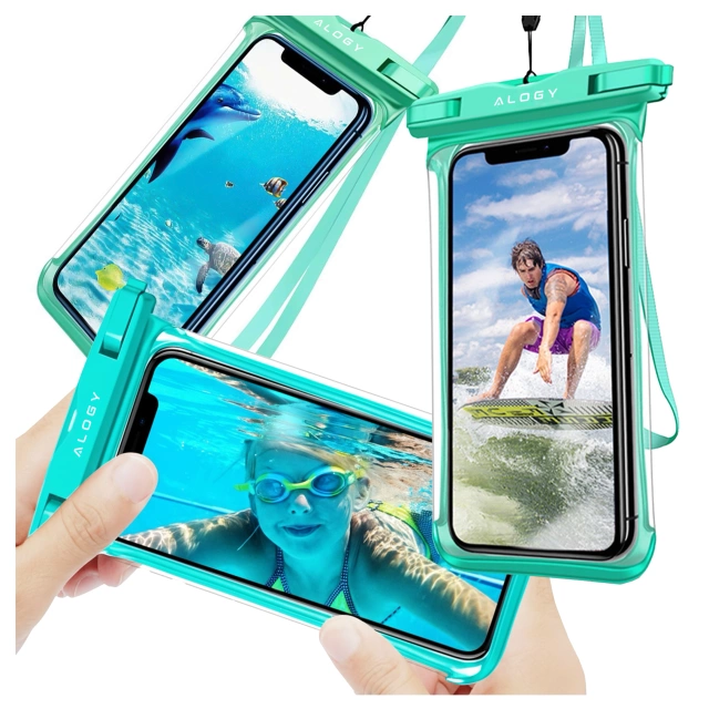 Etui Wodoodporne Uniwersalne IPX8 do Telefonów do 6.5", Wodoszczelna Ochrona na Plażę, Basen i Kajak, Dotykowy Front i Pasek na Szyję, Alogy HydroShield™ – Zielone