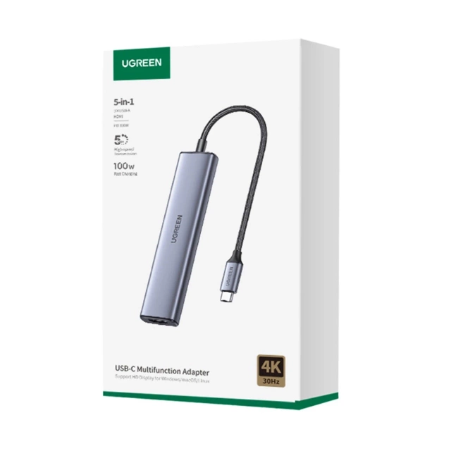 Ugreen CM478 USB-C na HDMI / USB-A 3.0 / 2x USB 2.0 / PD adaptér, sivý