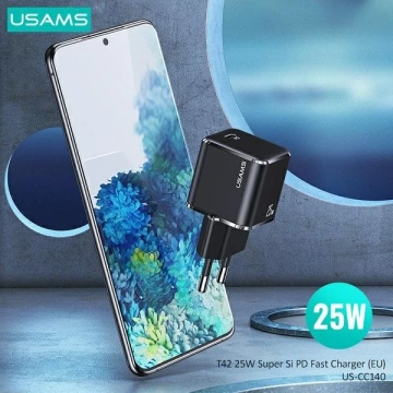 USAMS Wandladegerät 1x USB-C T42 mini 25W (nur Kopf) Super SI 5V-3A PD3.0 Fast Charging schwarz/schwarz CC140TC01 (US-CC140)