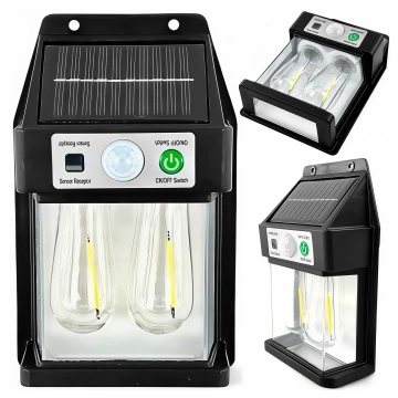 Lampa Solarna elewacyjna Kinkiet LED 60 na ścianę domu ogrodowa Barwa Ciepła 2 żarówki Czarna