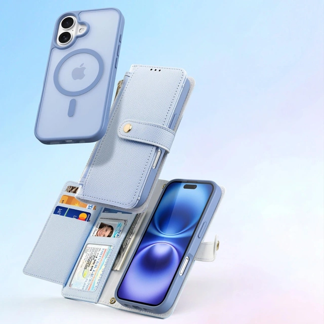 Kožené púzdra Dux Ducis Lawa na iPhone 16 s modrou peňaženkou MagSafe