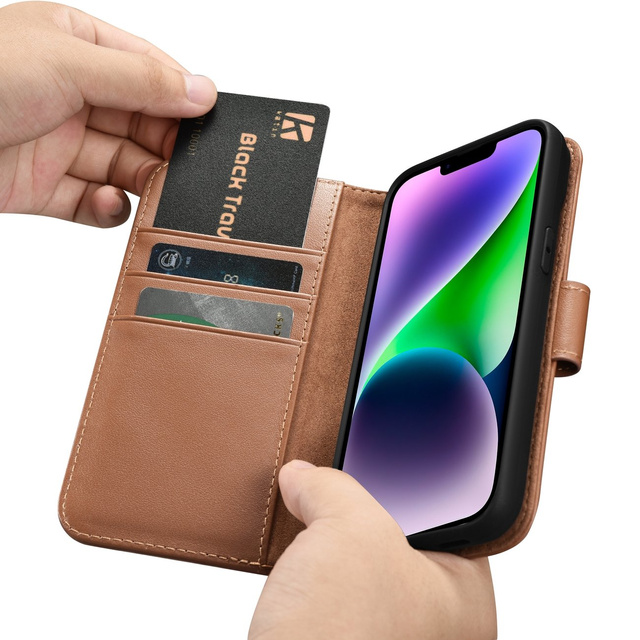 Kožené flipové pouzdro iCarer Wallet Case 2v1 iPhone 14 Plus Anti-RFID Hnědé (WMI14220727-BN)