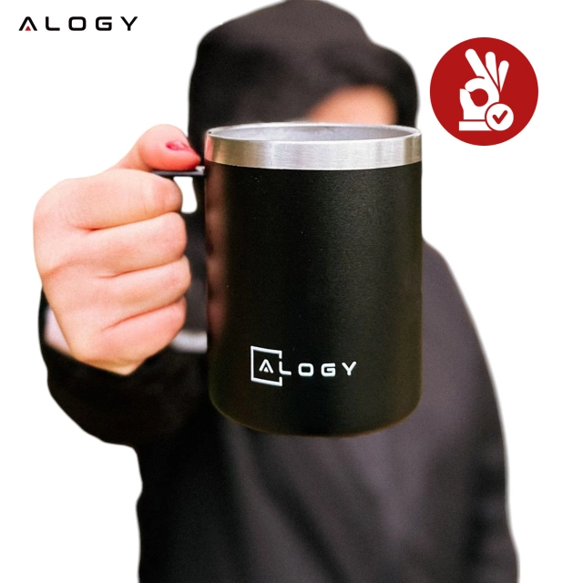Thermal mug 420 ml with a handle and lid for coffee, tea, steel, cold and hot drinks, Alogy Black