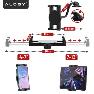 Alogy car holder for tablet phone dashboard windshield for car with long arm 4-13" black