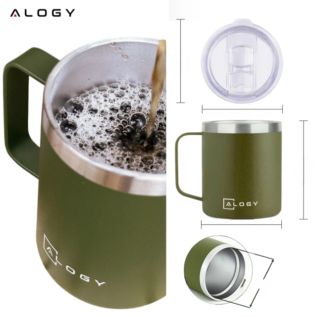 Thermobecher 420 ml mit Henkeldeckel für Kaffee, Tee, Steel, Kalt- und Heißgetränke Alogy Green