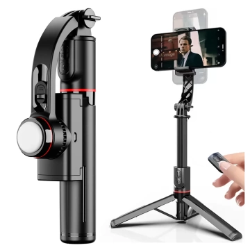 Stabiles Gimbal-Stativ mit Bluetooth-Fernbedienung, Selfie-Stick, LED-Lampe, 360° drehbarer Beleuchtung, 70 cm, Techsuit L19s, Schwarz