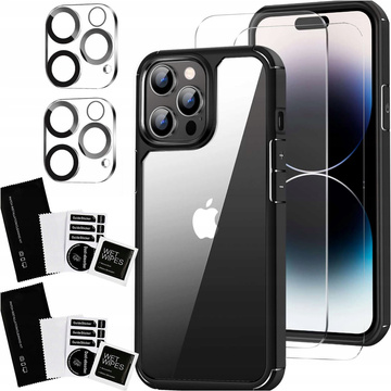 Case for iPhone 15 Pro Housing Case 2x screen glass and 2x lens armored Alogy 360 Hybrid Set 5in1 black and transparent