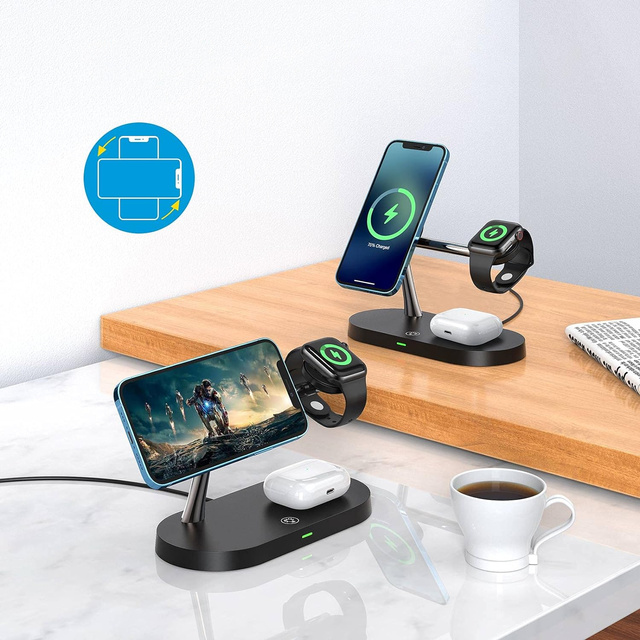 Qi Mag Safe 15W inductive charger for iPhone Apple Watch AirPods wireless 5in1 Docking station Black