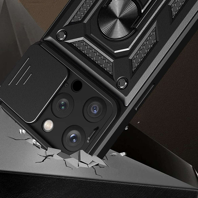 Броньований чохол для iPhone 15 Pro Camshield Case Ring Alogy Stand with slide camera cover black Glass