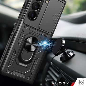 Gepanzerte Hülle für Galaxy Z Fold 5 Camshield Case Ring Alogy Stand mit verschiebbarer Kameraabdeckung, schwarz