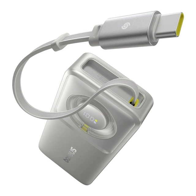 Powerbanka Baseus Free2Pull 10000mAh 30W s portem USB-C a zatahovacím kabelem USB-C - šedá