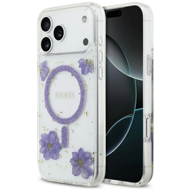Etui Guess Resin Flowers Glitter MagSafe na iPhone 17 Pro Max - Fioletowe
