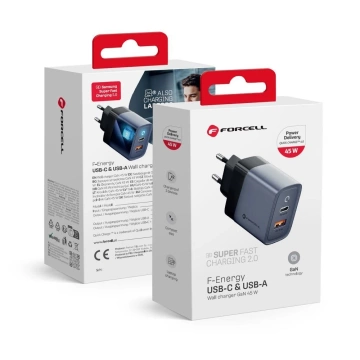 Зарядний пристрій Forcell GaN 45 Вт USB-C USB-A PD QC SFC, сірий