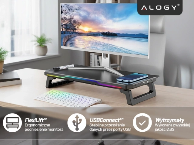 Podstawka pod monitor z lampką listwą świetlną RGB z wejściami HUB USB (3× USB-A, 1× USB-C) – biurkowa do Home Office, Gaming, poprawa ergonomii – Alogy MonitorStand™ Czarna