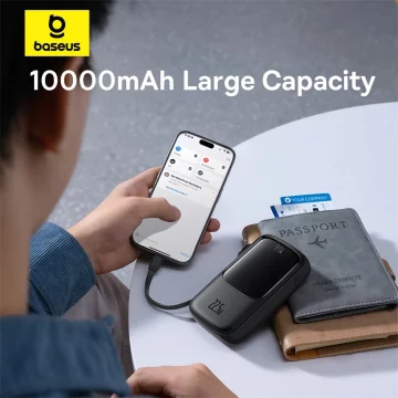 Powerbanka Baseus Qpow Pro 10000mAh 22,5W s vestavěným USB-C kabelem a displejem - černá