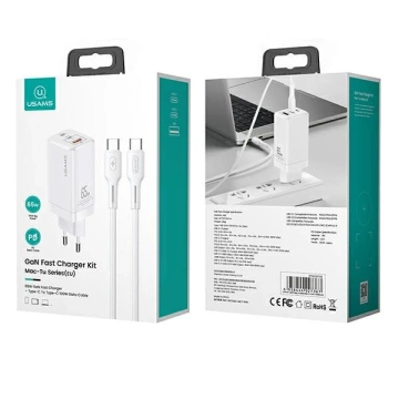 Zatížení USAMS. síť. MT 2xUSB-C USB GaN 65W T33 PD kabel USB-C-USB-C 100W Rychlé nabíjení bílá/bílá MTXLOGTC02