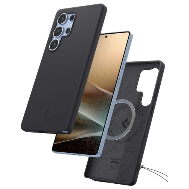 Silikonový pouzdro Spigen pro Samsung Galaxy S25 Ultra, černé, s magnetem MagSafe.