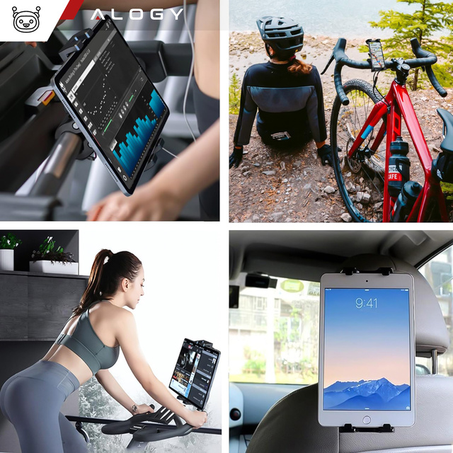 Tablet phone holder 4.7"-12.9" for a bar, tripod, handlebar for a trainer, stationary bike, treadmill, headrest stand Alogy black