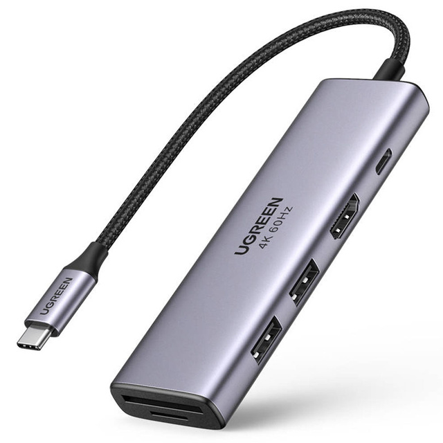 Адаптер 5w1 UGREEN CM511, Hub USB-C do 2x USB,HDMI, USB-C, TF/SD (szary)