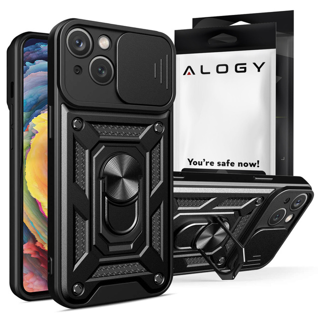 Броньований чохол для iPhone 15 Plus Camshield Case Ring Alogy Stand with slide camera cover black Glass