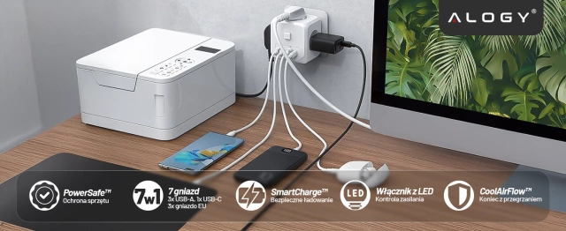 Мережевий розгалужувач розгалужувач Charger adapter thief 3 розетки EU 3x USB USB-C C 7in1 Alogy White