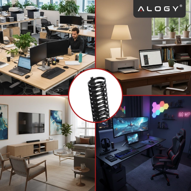 Pružinový organizér kabelů pod stůl – flexibilní samolepicí kryt na kabely 50×4 cm – Alogy CableStrip™ Black