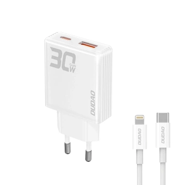 Dudao A30EUL GaN nástěnná nabíječka 30W USB-A / USB-C kabel USB-C - Lightning - Bílá