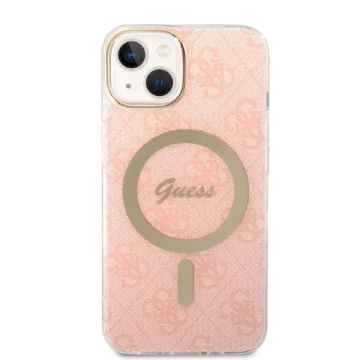 Zestaw Guess GUBPP14SH4EACSP nabíjačka puzdra iPhone 14 6,1" ružové/ružové pevné puzdro 4G Print MagSafe
