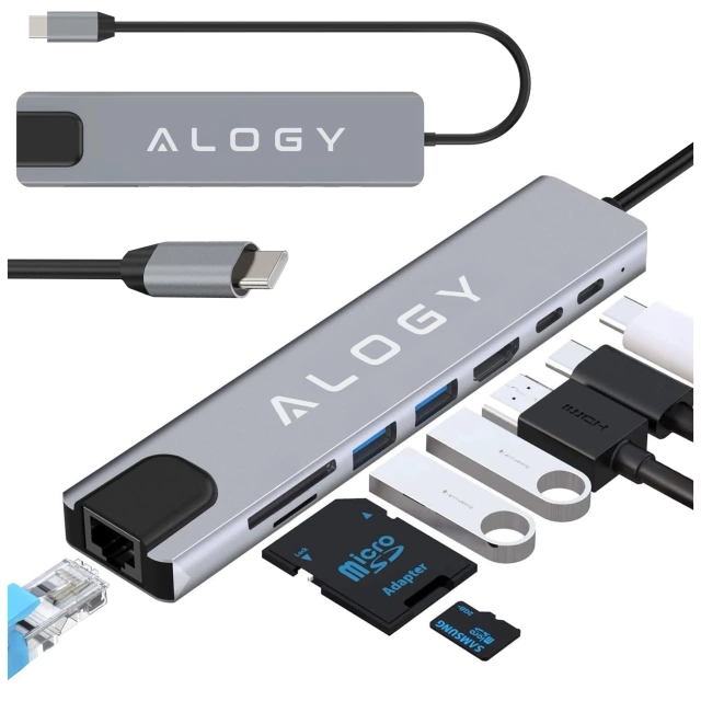 Hub 8v1 USB-C na 2xA 2xC HDMI SD Micro LAN 100mb – Alogy MultiHub™ pro notebooky