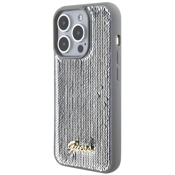 Etui Guess GUHCP15LPSFDGSS für iPhone 15 Pro 6,1" Silber/Silber Hardcase Pailletten Script Metal