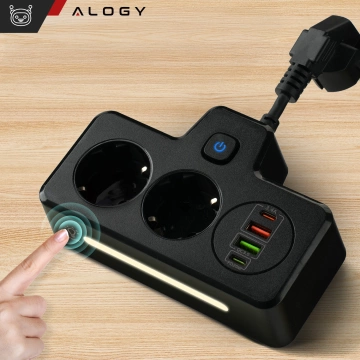 Alogy Plug Extender Socket Splitter Adapter Extension Cord 2x EU Plug 2x USB 2x USB-C Black