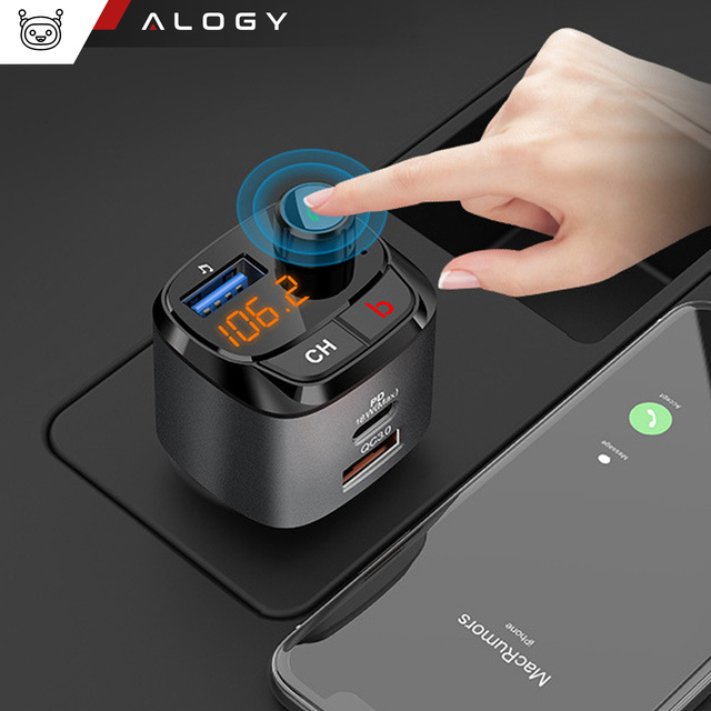 Alogy FM vysílač do auta USB nabíječka QC 3.0 USB-C PD Bluetooth MP3 přehrávač 1m kabel USB-C do pouzdra Lightning