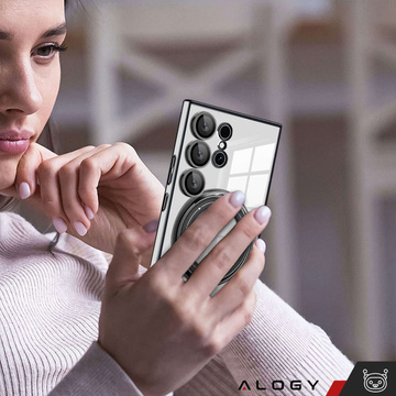 Puzdro pre Samsung Galaxy S24 Ultra magnetické puzdro Ring Mag Bezpečný priehľadný držiak Magnet Alogy Čierny Transparentná Qi nabíjačka