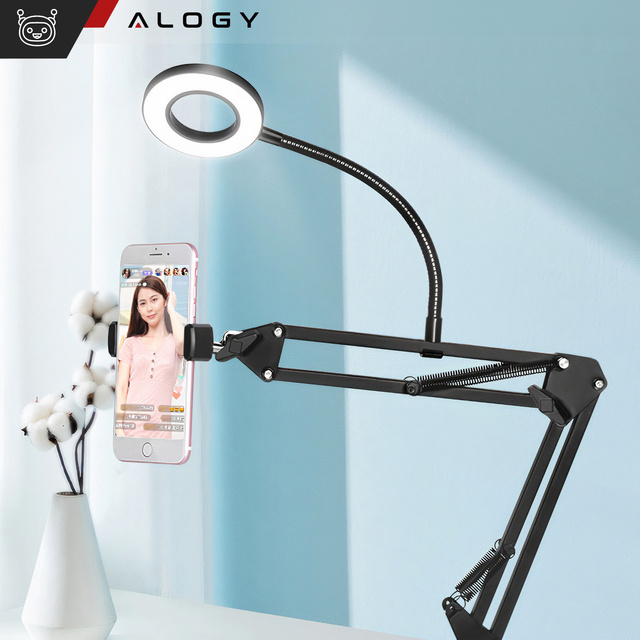 Ring LED Alogy drafting lamp with flexible arm and desk stand phone holder Black