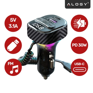FM-передавач Bluetooth 5.3 з автомобільним зарядним пристроєм PD 30W QC3.0, пружинним кабелем USB-C, підтримкою флеш-накопичувачів, 7-кольоровим світлодіодним підсвічуванням – Alogy CarTune™ Black