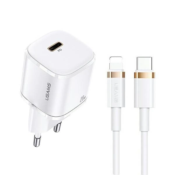 USAMS Nástenná nabíjačka 1x USB-C T36 mini 20W kábel USB-C-Lightning biely/biely PD3.0 Fast Charging XFKXLOGTL02 (US-CC124 US-SJ484)