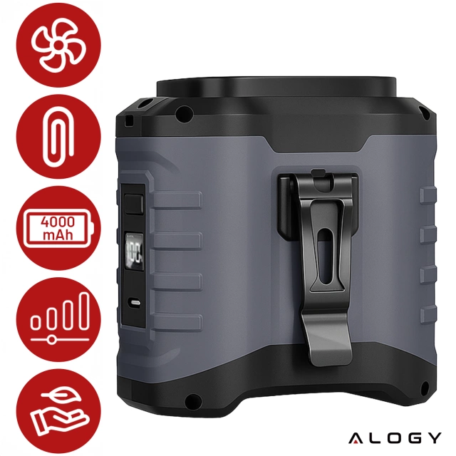 Ventilátor s klipem na opasek, baterie 4000 mAh, 5 rychlostních stupňů, doba provozu 8–40 hodin, nabíjení přes USB, pro použití na stavbách, venku, na turistiku, pro letní práci, powerbanka