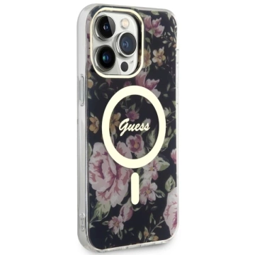 Puzdro na telefón Guess GUHMP14XHCFWSK do Apple iPhone 14 Pro Max 6,7" čierne/čierne pevné puzdro Flower MagSafe