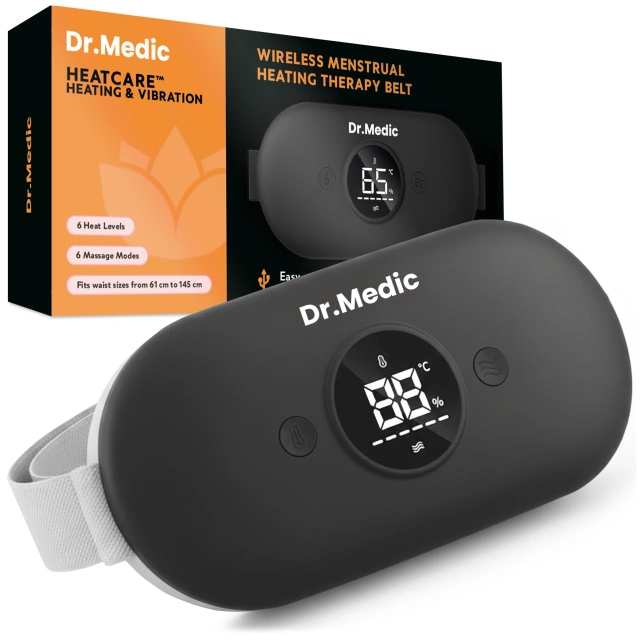 Pas Grzejący z Masażerem na okres i plecy - przeciwbólowy, ciepło + wibracje, 6 poziomów intensywności, akumulator 1800 mAh - Dr.Medic ThermoPulse™ Czarny