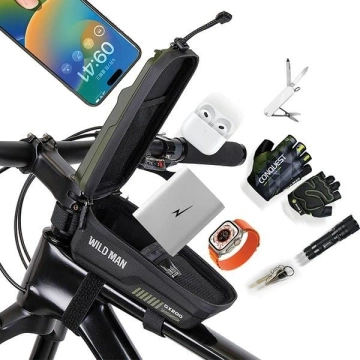 Сумка для рами велосипеда WILDMAN GX200 2L, чорна, з тримачем для телефону