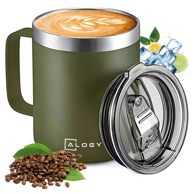 Thermobecher 420 ml mit Henkeldeckel für Kaffee, Tee, Steel, Kalt- und Heißgetränke Alogy Green
