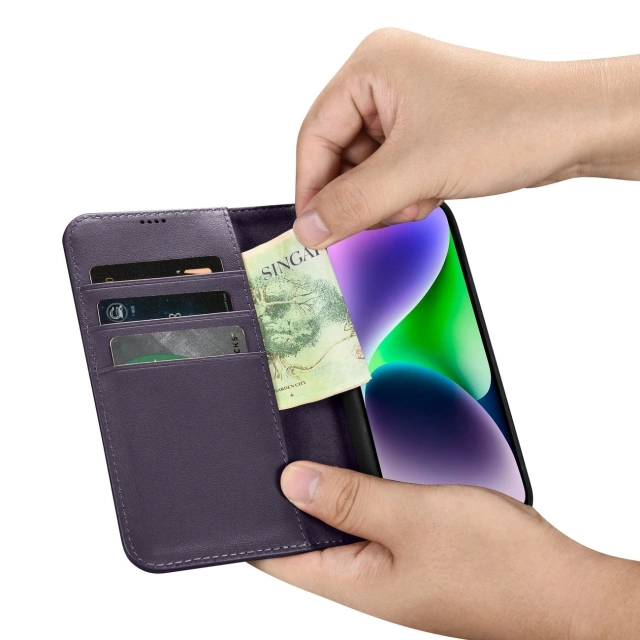 iCarer Wallet Case 2v1 pouzdro na telefon pro iPhone 14 Plus Anti-RFID kožený flipový kryt tmavě fialový